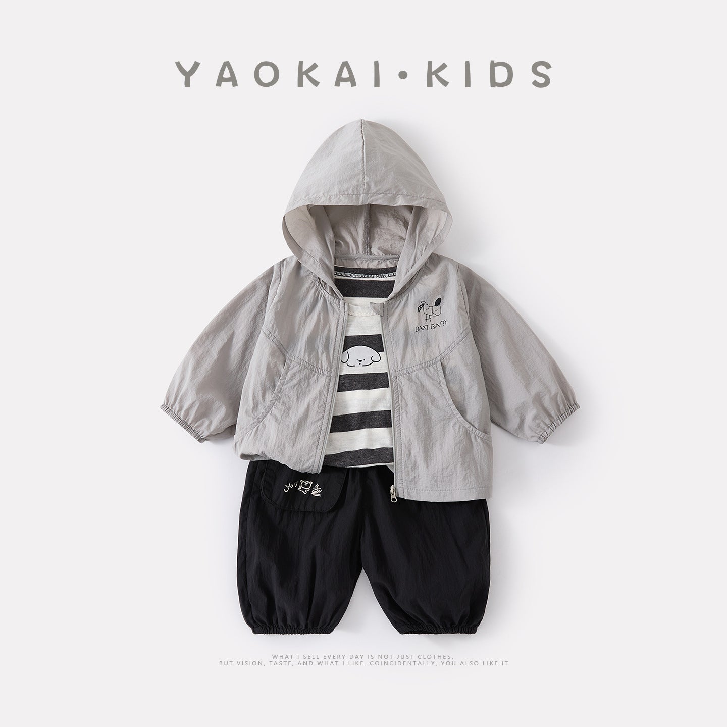 Cartoon Printed Hooded Sun Protection Outfit Set for Toddlers Striped Vest and Pants 3-Piece Trendy Set