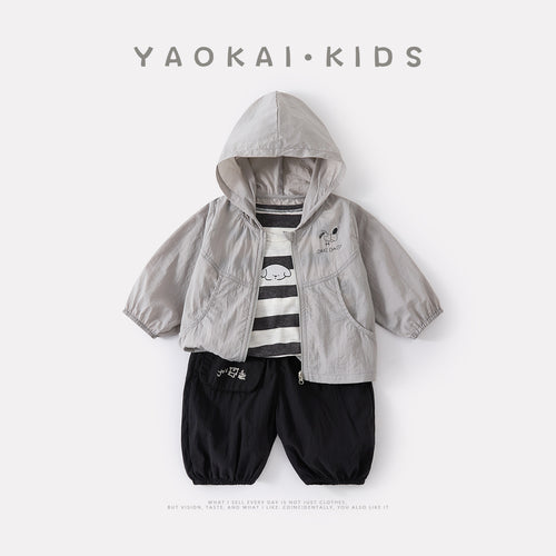 Cartoon Printed Hooded Sun Protection Outfit Set for Toddlers Striped Vest and Pants 3-Piece Trendy Set
