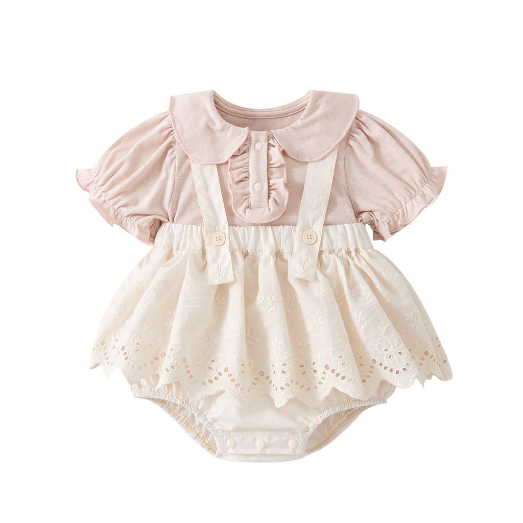 Cute Baby  Romper Set with Peter Pan Collar Short Sleeve Overalls Two-Piece Outfit