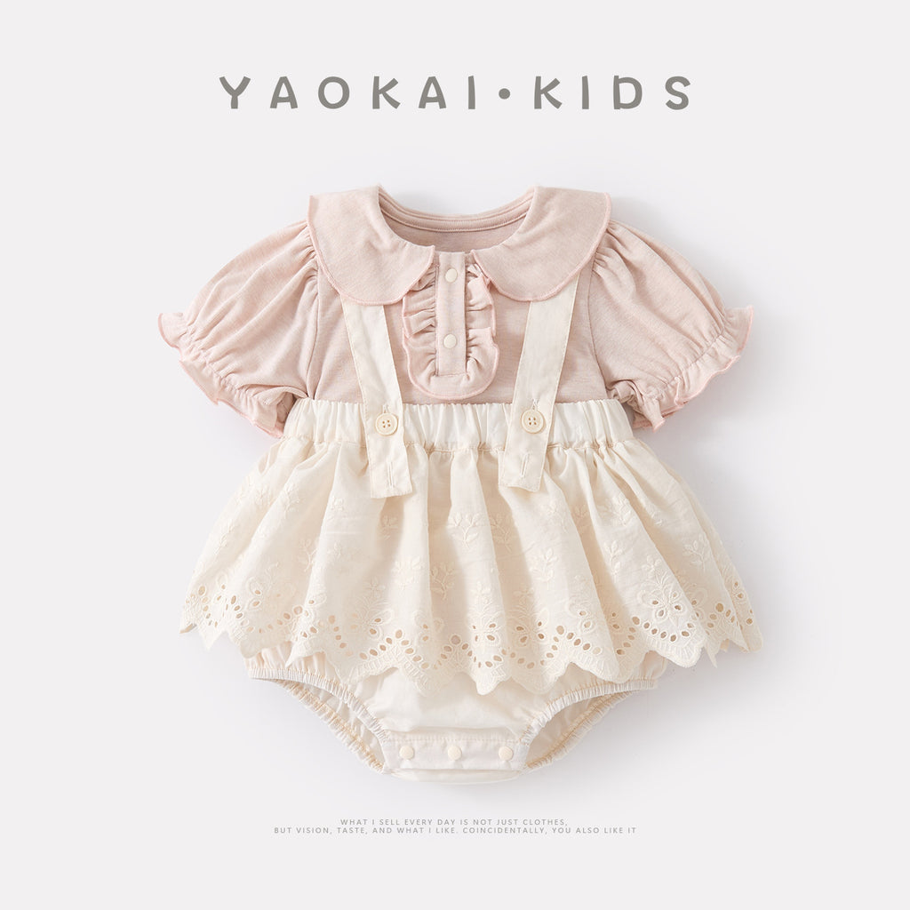 Cute Baby  Romper Set with Peter Pan Collar Short Sleeve Overalls Two-Piece Outfit