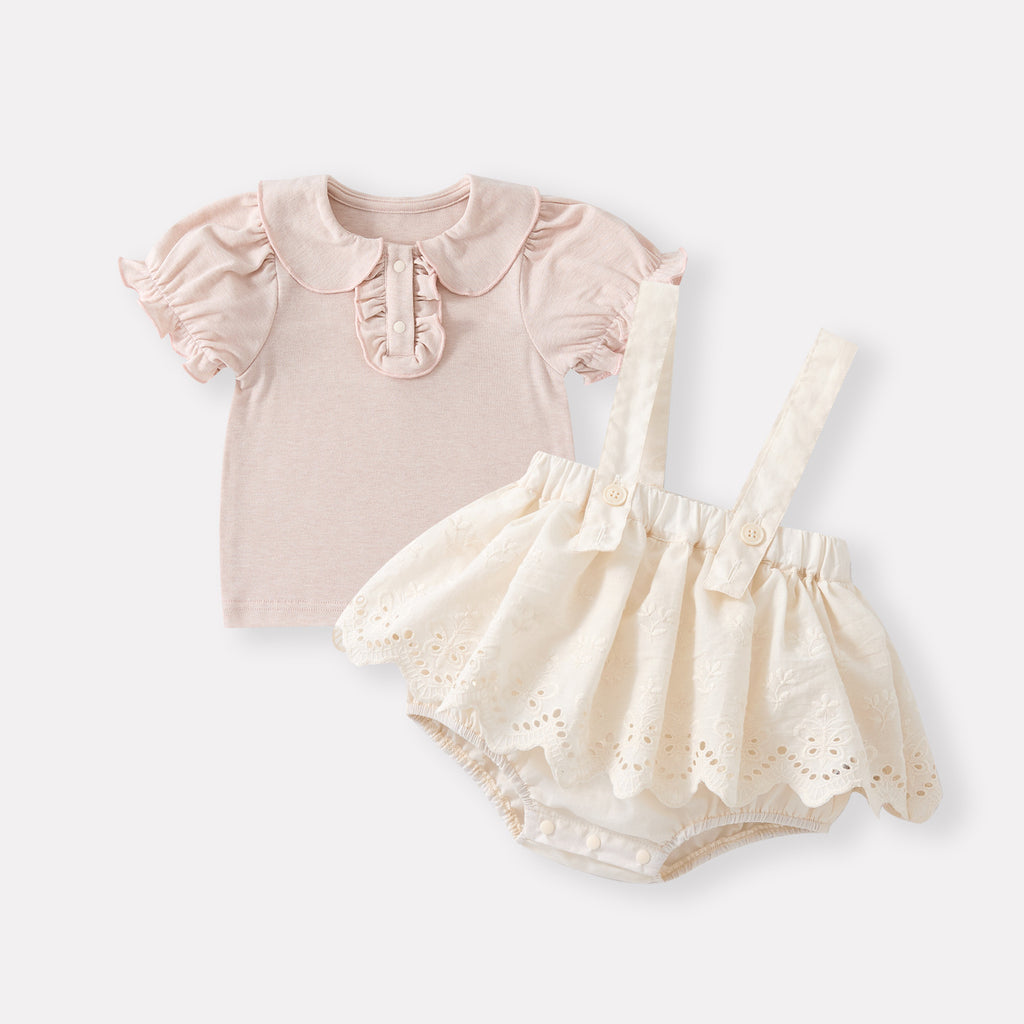 Cute Baby  Romper Set with Peter Pan Collar Short Sleeve Overalls Two-Piece Outfit
