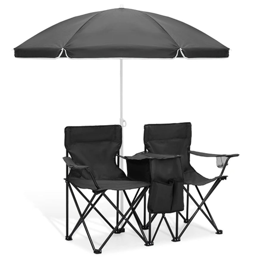 Double Camping Loveseat with Canopy – 600 lb Capacity, Cup Holders & Side Table, Foldable Outdoor Chair for Beach & Park