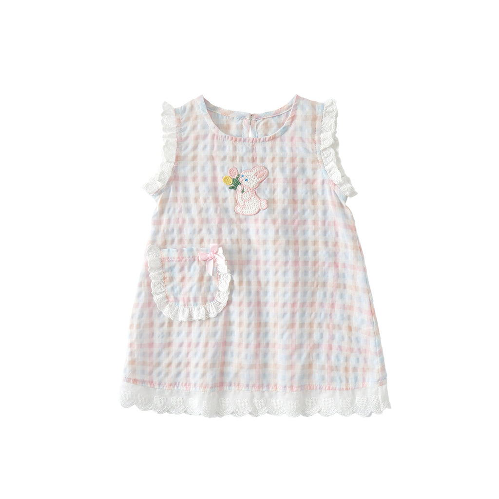 Toddler Plaid Cotton Dress Baby Rabbit Strap Dress for Toddlers Trendy Kids Dress