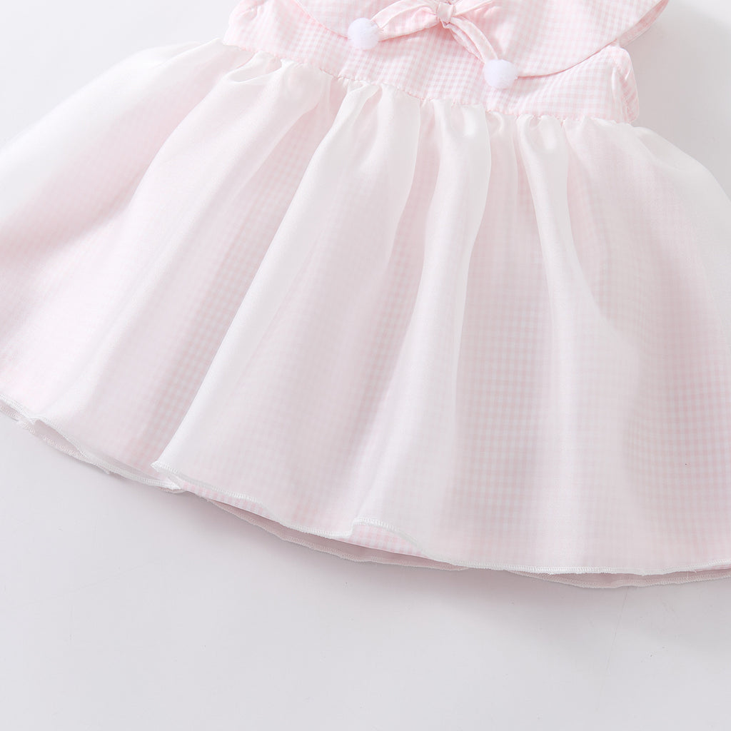 Grid Mesh Dress for Baby Girls Sweet Heart-shaped Bow Sleeveless Dress