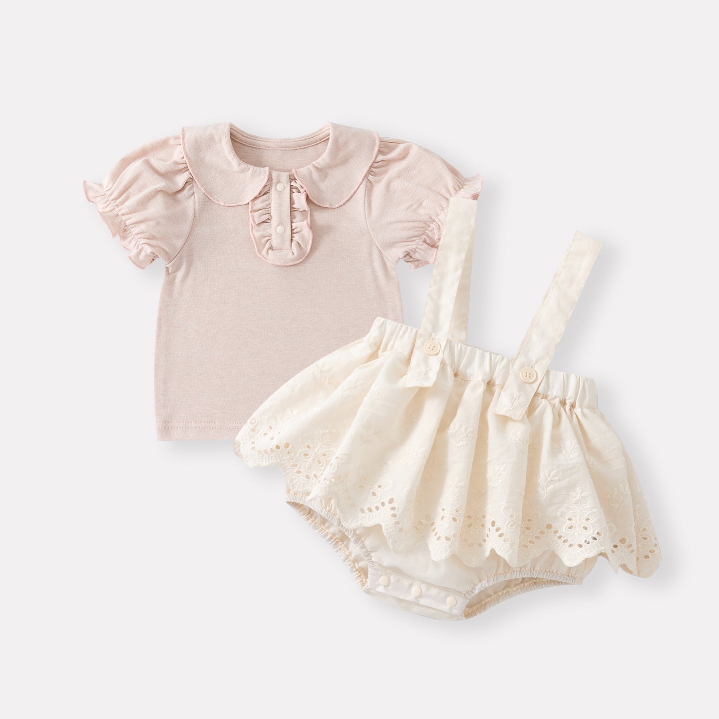 Cute Baby  Romper Set with Peter Pan Collar Short Sleeve Overalls Two-Piece Outfit