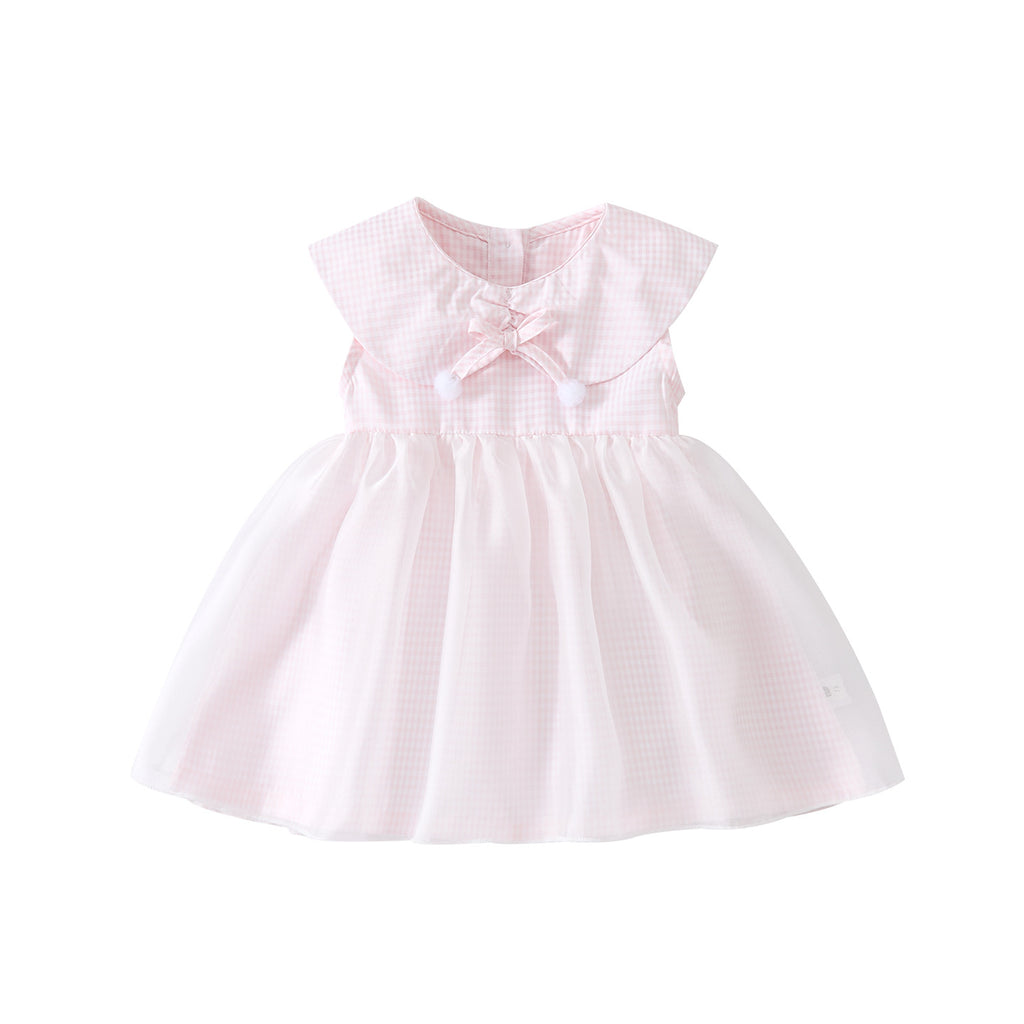 Grid Mesh Dress for Baby Girls Sweet Heart-shaped Bow Sleeveless Dress