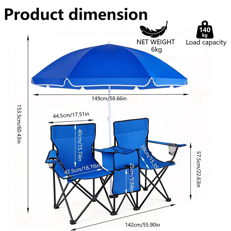 Double Camping Loveseat with Canopy – 600 lb Capacity, Cup Holders & Side Table, Foldable Outdoor Chair for Beach & Park