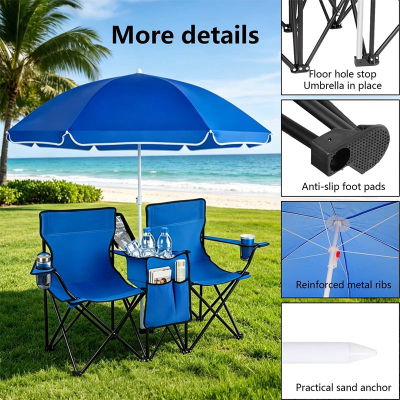 Double Camping Loveseat with Canopy – 600 lb Capacity, Cup Holders & Side Table, Foldable Outdoor Chair for Beach & Park