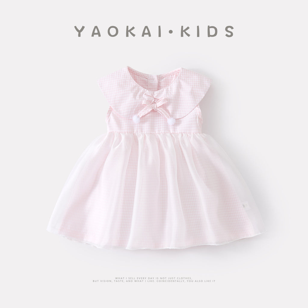 Grid Mesh Dress for Baby Girls Sweet Heart-shaped Bow Sleeveless Dress