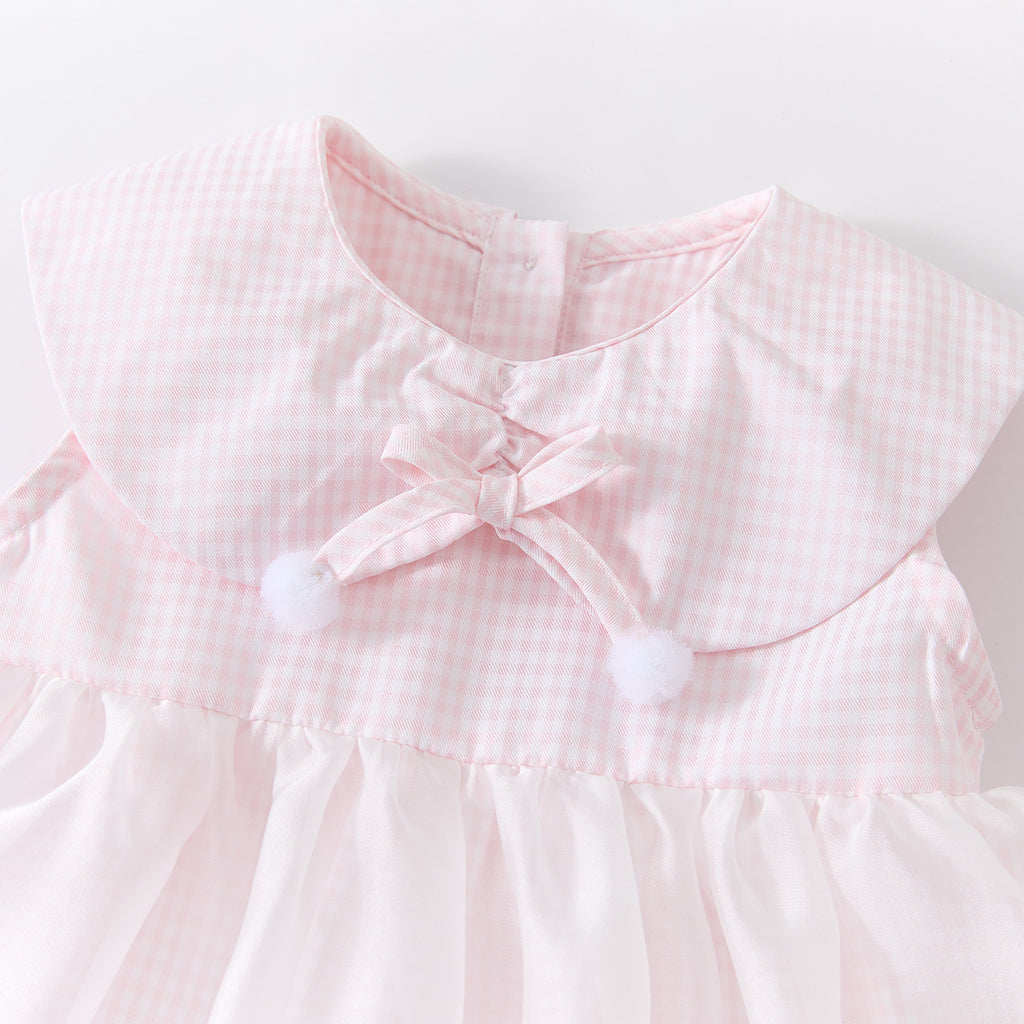 Grid Mesh Dress for Baby Girls Sweet Heart-shaped Bow Sleeveless Dress